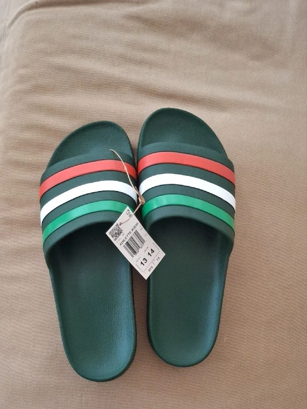 adidas Adilette Aqua Slide Sandals in Green with Red and White Stripes